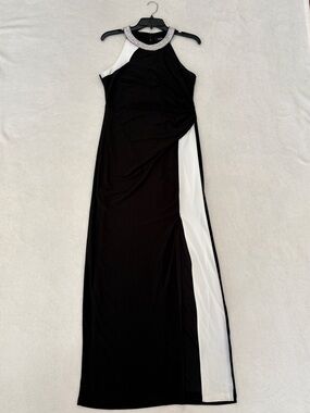 MSK Black and White Halter Long Gown with Embellished Collar